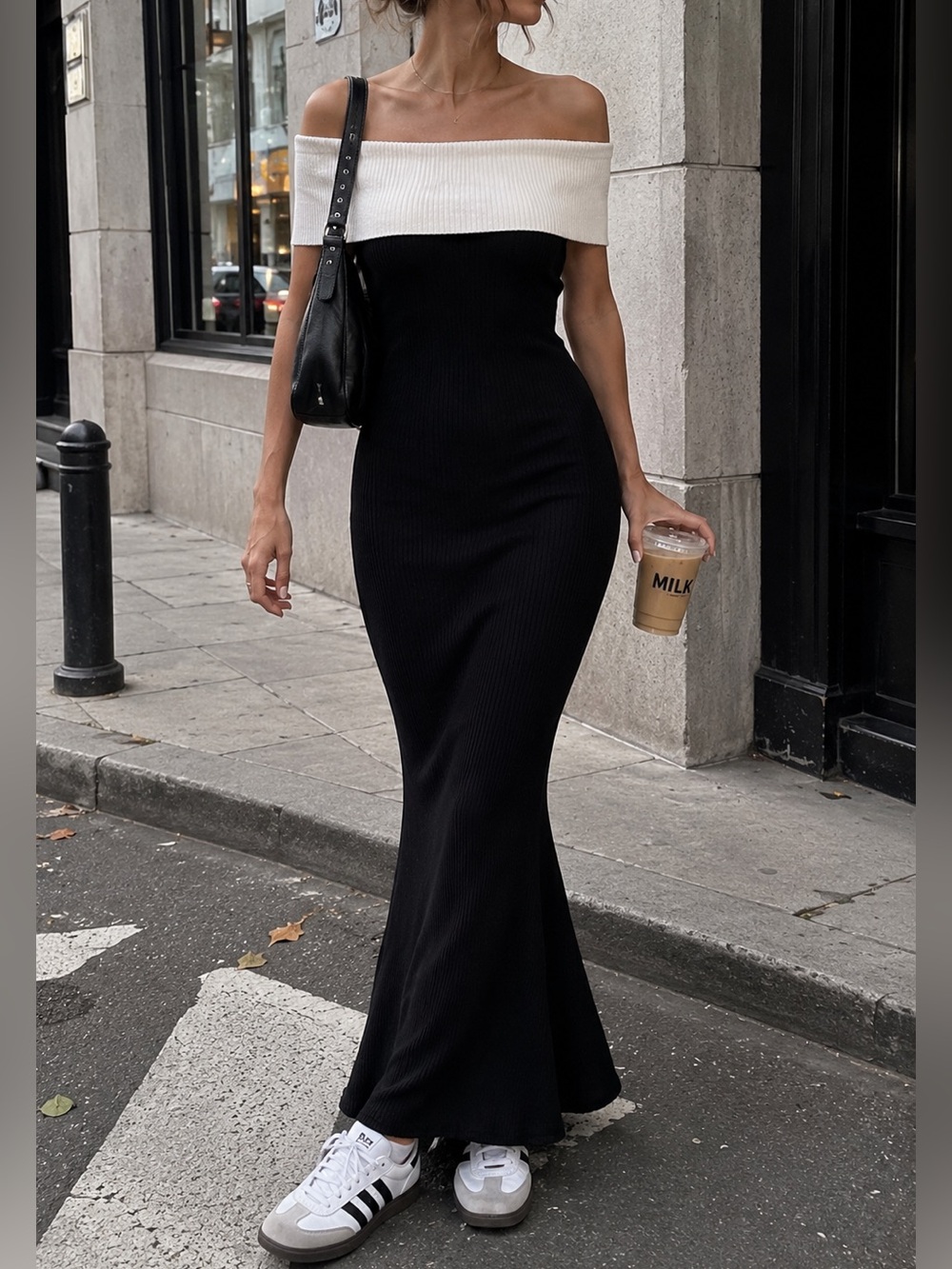 ZESICA NWT Color Block Sweater Maxi Dress Black White Off Shoulder Ribbed M - Picture 11 of 12
